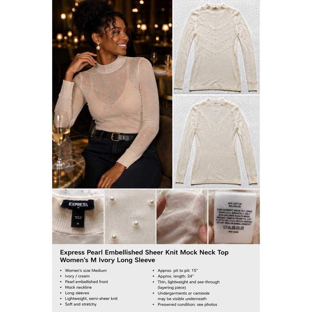 Express Pearl Embellished Sheer Knit Mock Neck Top Ivory Cream Womens Medium